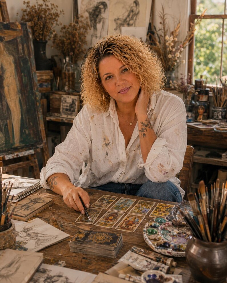 May include: A person with curly blonde hair wearing a white button-down shirt with paint splatters, sitting at a wooden table with a deck of tarot cards, a pen, and various art supplies including paintbrushes and a palette in a studio.