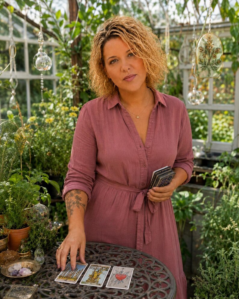 May include: A person with curly blonde hair wearing a mauve button-down dress with a tie waist. The person holds a deck of tarot cards and has one hand resting on a round metal table displaying three tarot cards featuring illustrated designs.