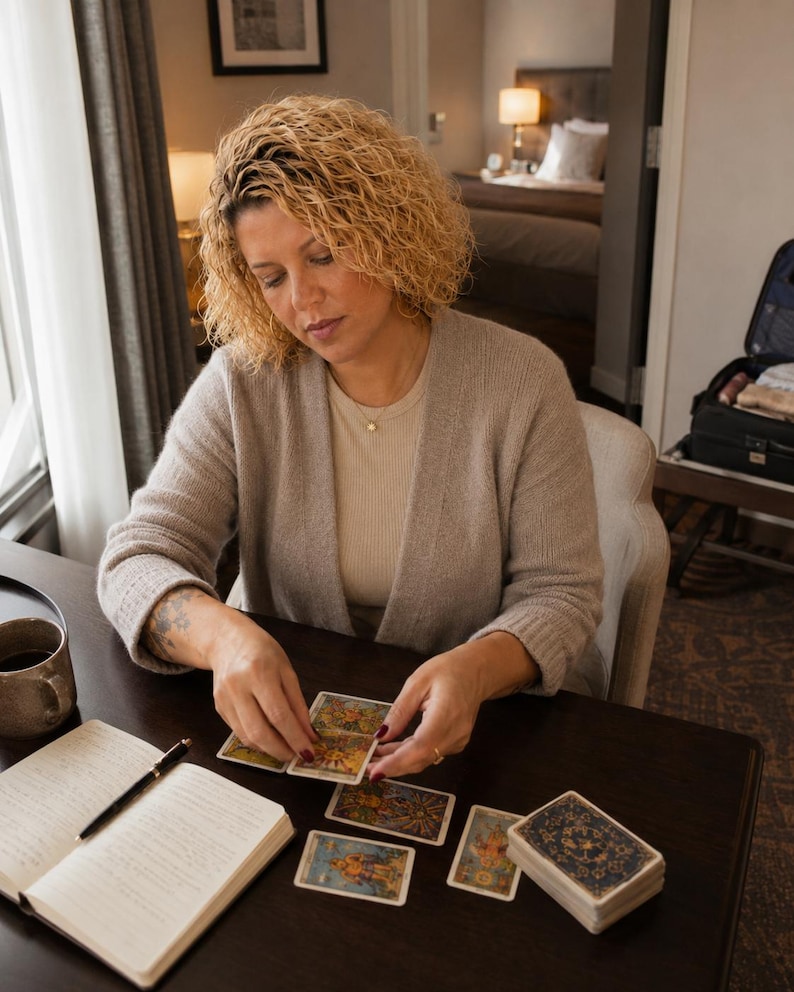 May include: A deck of tarot cards with intricate blue and gold patterned backs, featuring illustrated faces with colorful imagery. The cards are spread out on a dark wooden surface alongside an open notebook with a black pen and a ceramic mug.