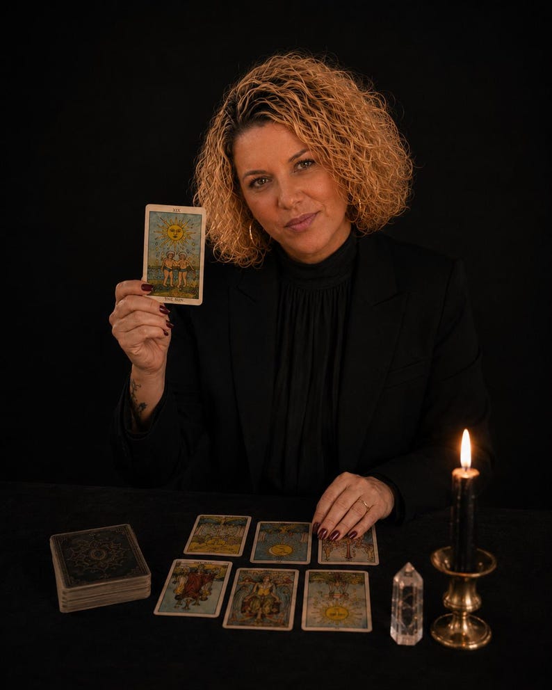 May include: A tarot card titled The Sun featuring a yellow sun and two figures, held up by a person in a black blazer. On the table are several tarot cards, a deck of cards, a clear crystal point, and a black candle in a brass holder.