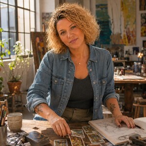 Peut inclure: Une personne aux cheveux blonds boucl&eacute;s portant une chemise en jean bleu sur un d&eacute;bardeur gris fonc&eacute;, assise &agrave; une table en bois avec un jeu de cartes de tarot, un carnet de croquis et des fournitures d'art, dont des tubes de peinture.