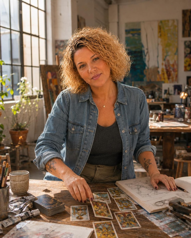 Peut inclure: Une personne aux cheveux blonds boucl&eacute;s portant une chemise en jean bleu sur un d&eacute;bardeur gris fonc&eacute;, assise &agrave; une table en bois avec un jeu de cartes de tarot, un carnet de croquis et des fournitures d'art, dont des tubes de peinture.