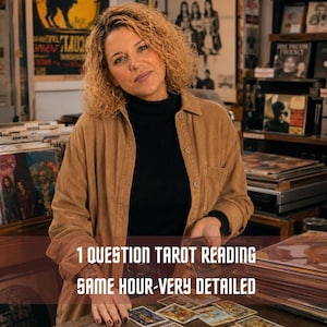 May include: A person with curly blonde hair wearing a tan corduroy shirt over a black turtleneck, holding a deck of tarot cards. Several tarot cards are spread out on a counter. The text reads: 1 QUESTION TAROT READING SAME HOUR-VERY DETAILED.
