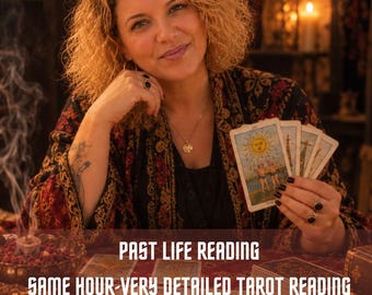 Puede incluir: Un conjunto de cartas de tarot sostenidas en la mano, con el texto Past Life Reading y Same Hour-Very Detailed Tarot Reading sobre una mesa cubierta con un paño rojo estampado con varias cartas de tarot dispuestas en cuadrícula.