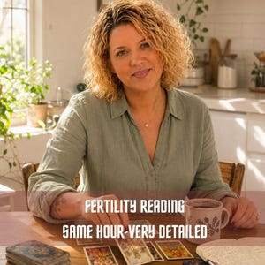 May include: A person wearing a sage green button-down shirt sits at a wooden table with tarot cards, a notebook, and a mug. The text FERTILITY READING SAME HOUR-VERY DETAILED is overlaid on the image. A deck of cards sits to the left of the spread.