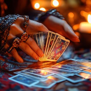 May include: A person's hands holding a spread of tarot cards, with a candle and other candles out of focus in the background.