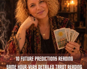 May include: A deck of tarot cards featuring the Sun card, with text overlay reading 10 FUTURE PREDICTIONS READING SAME HOUR-VERY DETAILED TAROT READING. The cards are displayed in a dimly lit setting with incense smoke and candles.