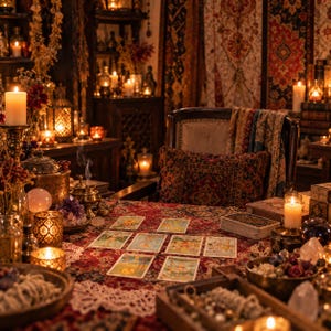May include: A wooden table covered with a red patterned cloth featuring a tarot card spread, multiple lit pillar candles, crystal clusters, a brass incense burner, and a wooden chair with a draped textile in a dimly lit room.