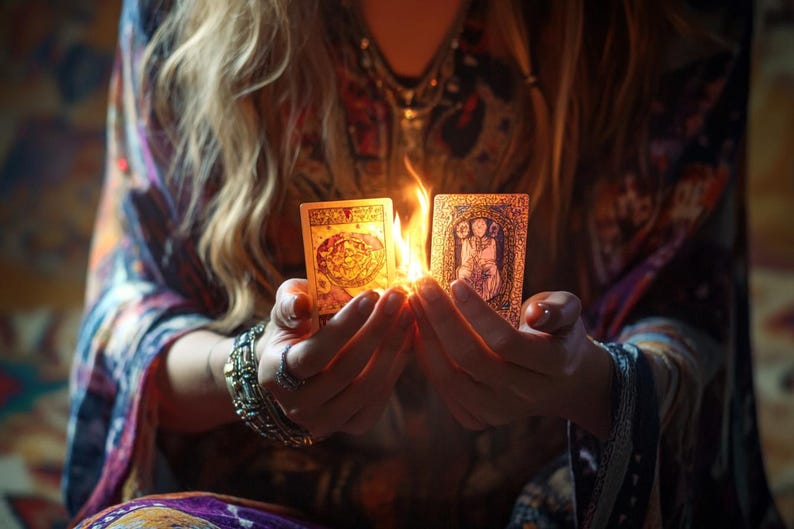 May include: A woman's hands hold two tarot cards, one of which is on fire. The cards are illuminated by the flames, casting a warm glow on her hands. The cards are decorated with intricate designs and imagery.
