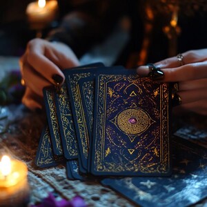 May include: A person is holding a spread of tarot cards with intricate gold and blue designs. The cards have a jewel-toned gemstone in the center of the card. The cards are on a dark wooden surface with candles.