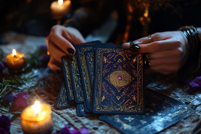 May include: A person is holding a spread of tarot cards with intricate gold and blue designs. The cards have a jewel-toned gemstone in the center of the card. The cards are on a dark wooden surface with candles.