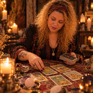 May include: A person with curly blonde hair wearing a black patterned robe and a headband, holding a deck of tarot cards while placing a card on a red patterned tablecloth surrounded by lit candles and crystals.