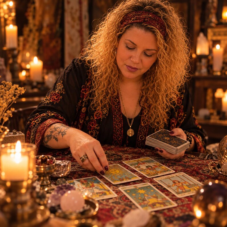 May include: A person with curly blonde hair wearing a black patterned robe and a headband, holding a deck of tarot cards while placing a card on a red patterned tablecloth surrounded by lit candles and crystals.