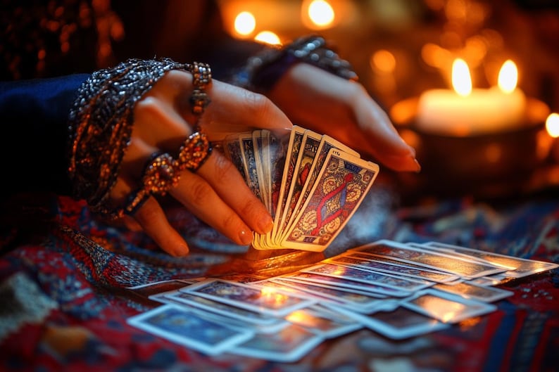 Pu&ograve; includere: Le mani di una persona che tiene uno spargimento di carte dei tarocchi, con una candela e altre candele sfocate sullo sfondo.