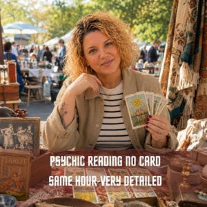 Może przedstawiać: Osoba trzymająca wachlarz kart tarota, w tym kartę Słońca, z nałożonym tekstem "PSYCHIC READING NO CARD SAME HOUR-VERY DETAILED". Scena obejmuje stół z różnymi taliami tarota, drewnianymi pudełkami i rozłożonymi kartami.