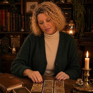 May include: A person with curly blonde hair wearing a dark green cardigan and a beige turtleneck sweater sits at a wooden table. Five tarot cards are laid out on the table surface, with a leather-bound book and a lit candle in a brass holder nearby.