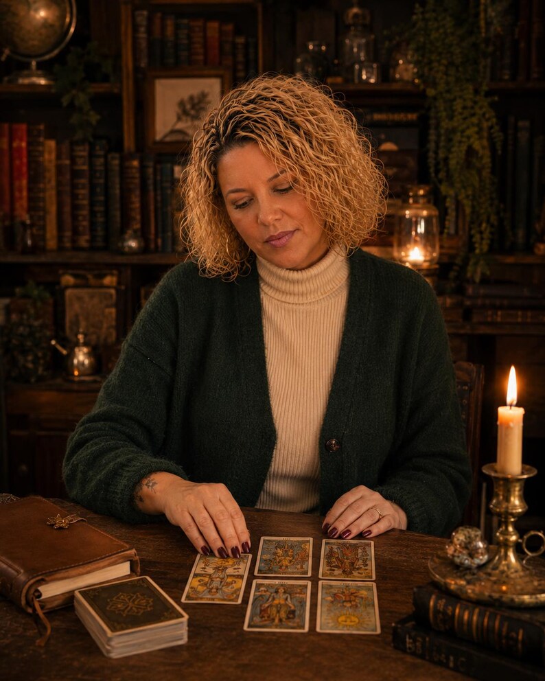 May include: A person with curly blonde hair wearing a dark green cardigan and a beige turtleneck sweater sits at a wooden table. Five tarot cards are laid out on the table surface, with a leather-bound book and a lit candle in a brass holder nearby.