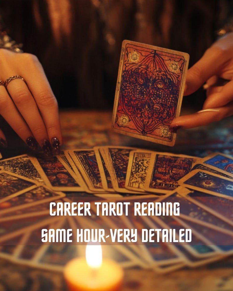 May include: A tarot card reading for career guidance. The image shows a hand holding a tarot card, with a spread of cards in the background. The text "CAREER TAROT READING SAME HOUR-VERY DETAILED" is displayed on the image.