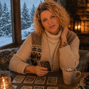 May include: A person wearing a beige turtleneck jumper and a brown patterned waistcoat, holding a deck of tarot cards. On the wooden table are several tarot cards laid out, a mug with marshmallows, and a lit candle in a glass holder.