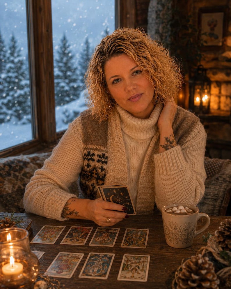 May include: A person wearing a beige turtleneck jumper and a brown patterned waistcoat, holding a deck of tarot cards. On the wooden table are several tarot cards laid out, a mug with marshmallows, and a lit candle in a glass holder.