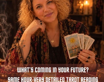 Może przedstawiać: Osoba z kręconymi blond włosami w czarno-czerwonej wzorzystej szacie trzyma wachlarz kart tarota. Tekst głosi: WHAT'S COMING IN YOUR FUTURE? SAME HOUR-VERY DETAILED TAROT READING. Na stole rozłożone są liczne karty tarota w różnych układach.