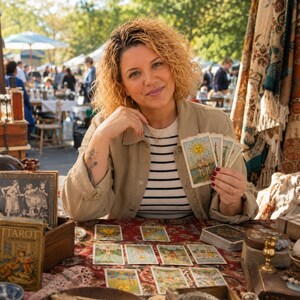 May include: A person with curly blonde hair wearing a tan jacket and a white shirt with black horizontal stripes holds four tarot cards. A table covered in a red patterned cloth displays several tarot cards, a wooden box, and various items.