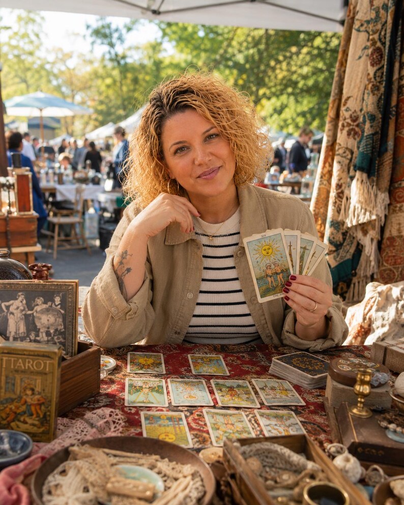 May include: A person with curly blonde hair wearing a tan jacket and a white shirt with black horizontal stripes holds four tarot cards. A table covered in a red patterned cloth displays several tarot cards, a wooden box, and various items.