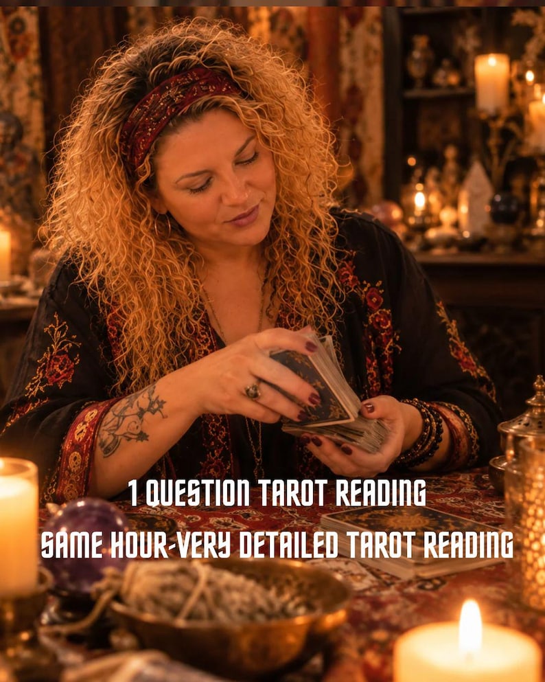 May include: A deck of tarot cards being shuffled, with text overlay reading 1 QUESTION TAROT READING SAME HOUR-VERY DETAILED TAROT READING. The scene features a person with curly hair wearing a black patterned top and a red headband.