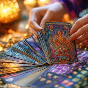 May include: A spread of tarot cards with intricate designs and gold accents. The cards are fanned out in a semi-circle, with one card being held by a hand.