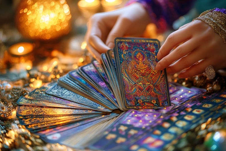 May include: A spread of tarot cards with intricate designs and gold accents. The cards are fanned out in a semi-circle, with one card being held by a hand.