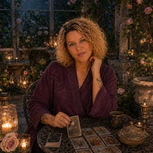 May include: A person with curly blonde hair wearing a deep purple wrap-style top with embroidered details, sitting at a round metal table with a deck of tarot cards, a dark mug, and a small decorative bowl, surrounded by lit candles and roses.
