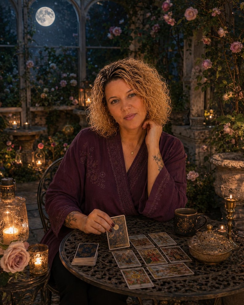 May include: A person with curly blonde hair wearing a deep purple wrap-style top with embroidered details, sitting at a round metal table with a deck of tarot cards, a dark mug, and a small decorative bowl, surrounded by lit candles and roses.