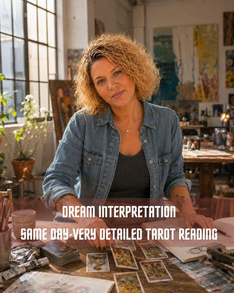 May include: A tarot reading service featuring the text "DREAM INTERPRETATION" and "SAME DAY-VERY DETAILED TAROT READING" overlaid on an image of a person with curly hair wearing a denim shirt, with tarot cards spread across a wooden table.