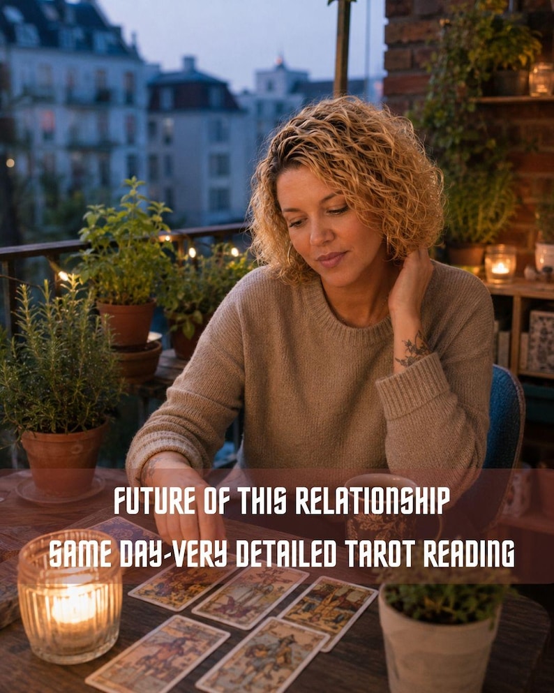 May include: A set of tarot cards laid out on a wooden table with a lit candle in a glass holder. The text on the image reads: FUTURE OF THIS RELATIONSHIP SAME DAY-VERY DETAILED TAROT READING. The cards feature various illustrations and colors.