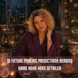 Può includere: Una persona con capelli biondi ricci indossa una veste viola scuro ed è seduta a un tavolo rotondo in metallo con carte dei tarocchi sparse. Il testo 10 FUTURE PSYCHIC PREDICTIONS READING SAME HOUR-VERY DETAILED è sovrapposto in bianco.