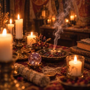 May include: A collection of white candles in brass holders and glass votives, a purple crystal sphere, and a metal bowl containing burning incense with rising smoke, all arranged on a dark patterned fabric surface with old books.