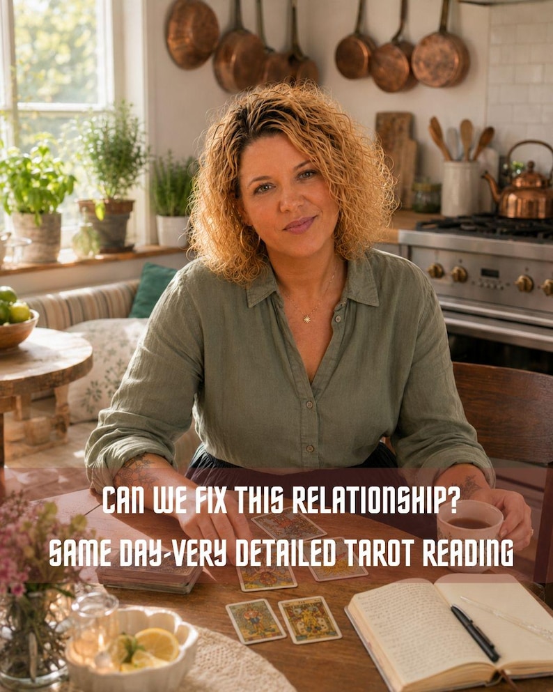 May include: A person with curly blonde hair wearing a sage green button-down shirt sits at a wooden table with tarot cards, a notebook, and a pen. The text "CAN WE FIX THIS RELATIONSHIP? SAME DAY-VERY DETAILED TAROT READING" is overlaid on the image.