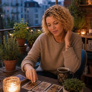 May include: A beige knit jumper with a crew neckline and long sleeves, worn while interacting with a set of rectangular tarot cards featuring intricate illustrations, placed on a wooden surface alongside a dark mug and a glass candle holder.