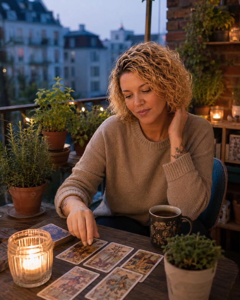 May include: A beige knit jumper with a crew neckline and long sleeves, worn while interacting with a set of rectangular tarot cards featuring intricate illustrations, placed on a wooden surface alongside a dark mug and a glass candle holder.