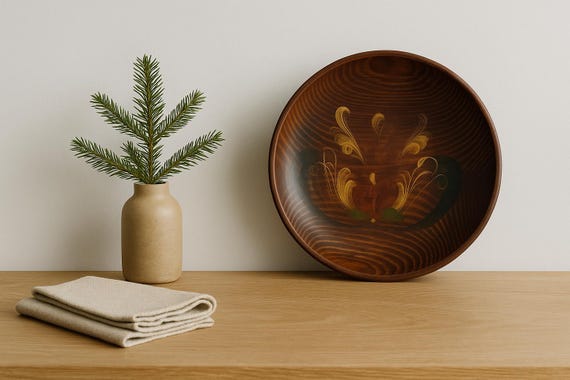 Scandinavian Wooden Bowl – Vintage Folk Art Decor, Dark Pine Wabi-Sabi Rustic Plate, Nordic Wall or Table Display