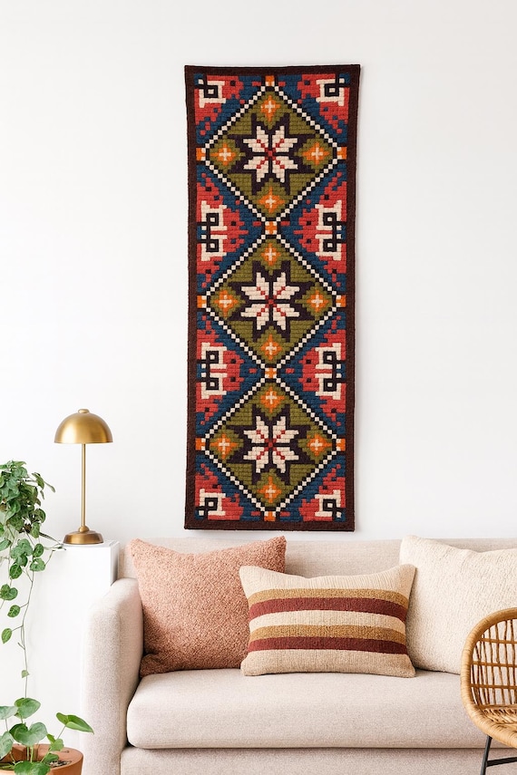 Vintage Swedish Wall Hanging – Boho Geometric Wall Tapestry – Handwoven Wool Decor