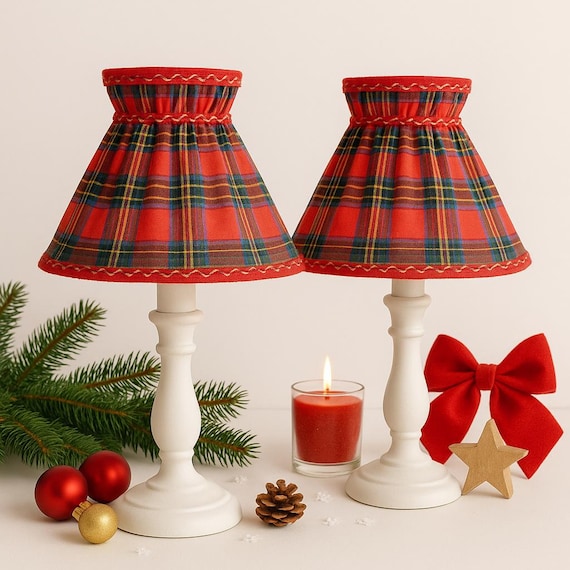 Vintage Scandinavian Clip-On Lampshades – Red Tartan Plaid Fabric – Christmas Holiday Decor