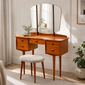 Sminkbord med trippelspegel, dansk teak, skandinavisk 50-talsmodern stil från 1970-talet