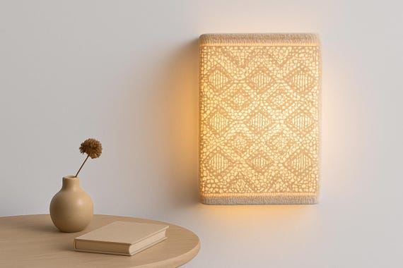 Mid Century Modern Danish Wall Lamp , Handmade Lace-Pattern Fabric Shade – Soft Ambient Light – Mid Century Modern Inspired Textile Sconce