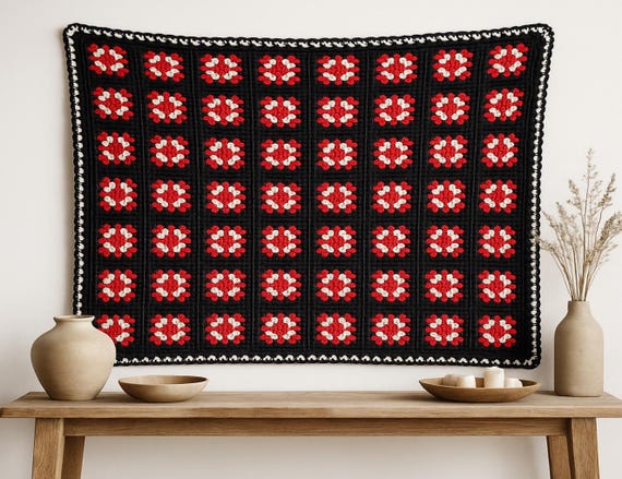 Vintage Handmade  Crochet Blanket – Thick and Warm Granny Square Throw – Retro Red, White - Black  – Cozy Boho or Wabi-Sabi Decor