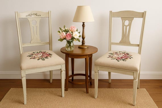 Vintage  Chair – 1920s Swedish Painted Wood with Floral Needlepoint Upholstery | 1 or Pair Available
