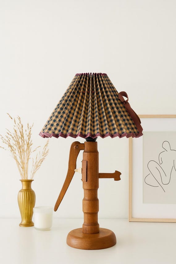 Vintage Teak Table Lamp: Pleated Gingham Shade, Rustic Farmhouse Decor