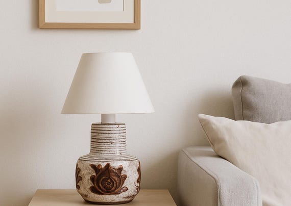 Vintage Brutalist Table Lamp – Ceramic Base with Scroll Pattern, Mid Century Modern Lighting