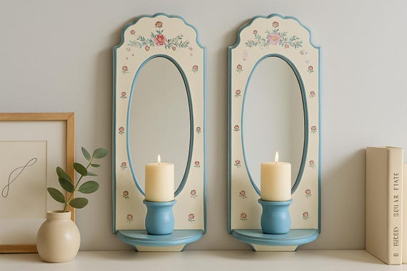 Vintage Wall Mirror Sconce Pair – Hand Painted Floral Candle Holders, Shabby Chic Wall Decor