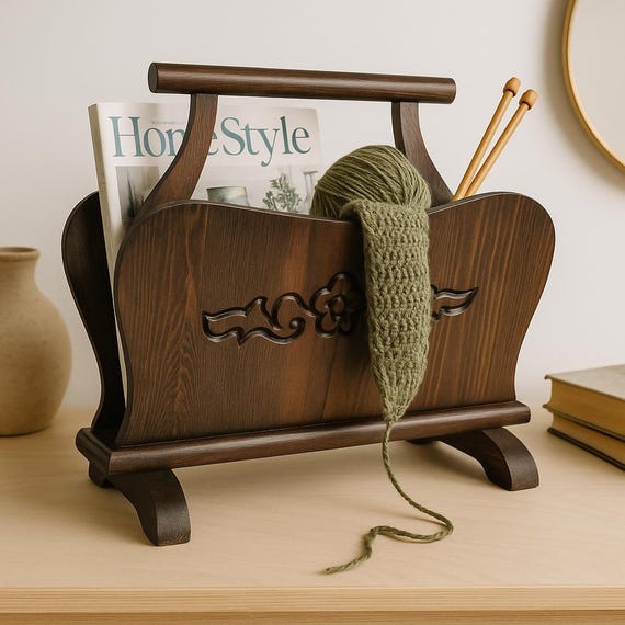 Vintage Floral Carved Wood Magazine Rack - Mid-Century Scandinavian Decor